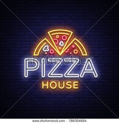 pizza house neon sign with slice of pizza in the middle and lettering on brick wall background