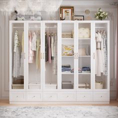 a white closet filled with lots of different types of clothing and accessories on shelves next to a rug