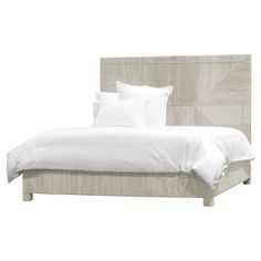 a bed with white linens and pillows on it's headboard, against a white background