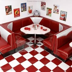 a red and white checkered floor in a diner's booth with two booths