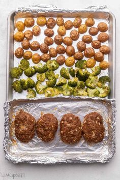 broccoli, meatballs and other foods are on tin foil