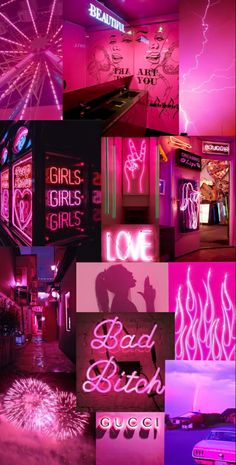 pink neon signs and lights in a room