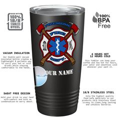 the fire department engraved tumbler cup features two crossed axes and an embellishment