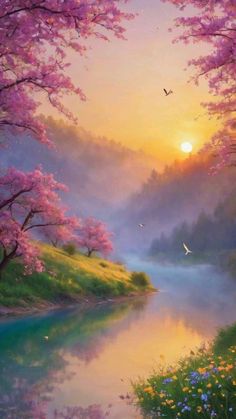 a painting of the sun setting over a river with pink flowers and trees in bloom