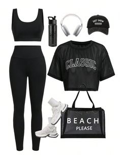 Blanco y Negro  Collar   Letras Leggings Embellished Elástico Ligero Black Exercise Outfit, Workout Outfits For Women Summer, Sportswear Outfits Women, Workout Outfits Black Women, Gym Outfits For Women Summer, Letter Leggings, Black Gym Outfits, Work Out Outfits, Sport Shorts Outfit