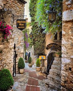 an alley way with potted plants and flowers on either side, surrounded by stone buildings