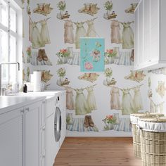 a laundry room with wallpaper that has clothes on it