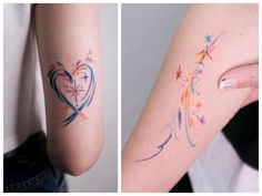 two images show the same tattoo on both arms and arm, one with an image of a heart