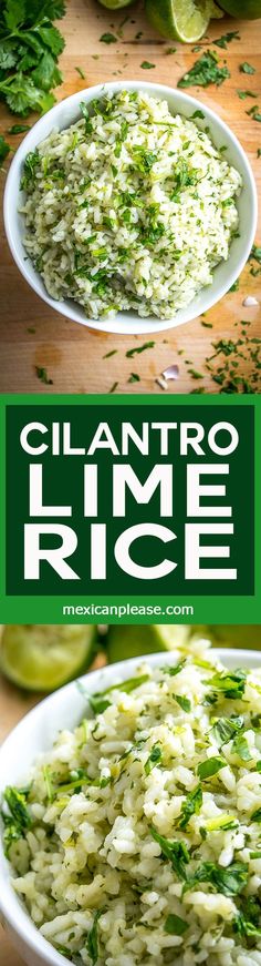 two bowls filled with rice and garnished with cilantro limes on the side