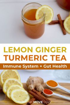 lemon ginger turmeric tea with cinnamon sticks and sliced lemons on the side