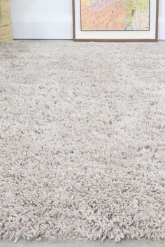 a white area rug is in front of a wall with a map on it and a cat laying on the floor