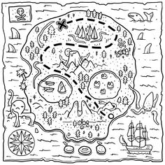 a black and white drawing of a pirate map