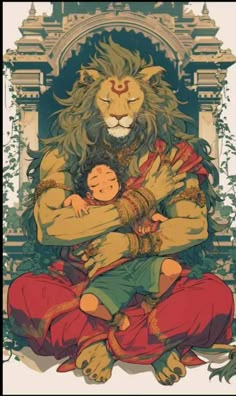 a lion holding a baby in its arms