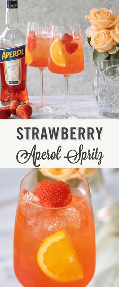 strawberry aperol spritg in a glass with orange slices and strawberries on the rim