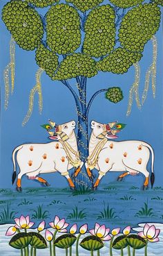 two cows standing next to each other in front of a tree and water lilies