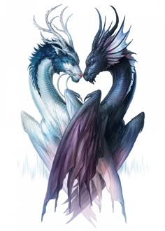 two black and white dragon facing each other with their heads touching hands in the air