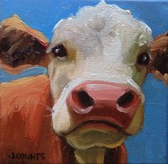 a painting of a cow's face on a blue background