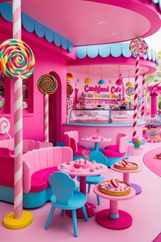 a candy shop with pink walls and blue chairs