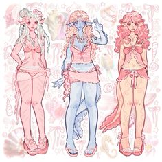 three pretty girls in pink and blue outfits