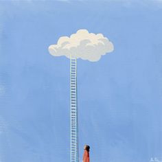 a painting of a person standing in front of a tall ladder with a cloud above them