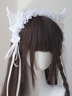 Add a touch of ethereal charm to your look with this adorable hairband featuring delicate angel wings and a sweet bowknot. Perfect for adding a touch of whimsy to your maid or Lolita-inspired ensemble. Angel Wing Cosplay, White Bow With Matching Headband, White Headband With Decorative Bow For Gifts, White Harajuku Style Hair Accessories, White Bow Headband Hair Accessory, White Satin Bow Headband, Cute White Headpieces For Parties, White Cat Ears Headband For Party, Cute White Ribbon Headband