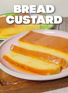 bread custard on a pink plate sitting on a wooden table