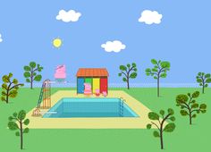 an illustration of a pool with a house and peppa pig in the back ground