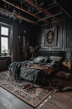 an old fashioned bedroom with dark colors and wood flooring is pictured in this image