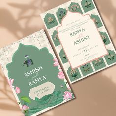 two wedding cards with an elephant on the front and back, sitting next to each other