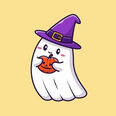 a ghost with a pumpkin in its mouth and a witch hat on it's head