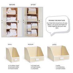 the instructions for how to organize linens in an organized closet with drawers and bins