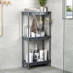 a bathroom shelf filled with personal care items