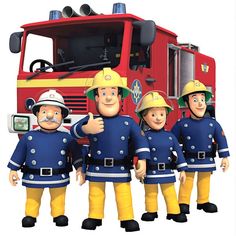 three firemen are standing in front of a fire truck and giving the thumbs up sign