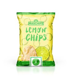 lemon chips are in a bag on a white background with a green border around it