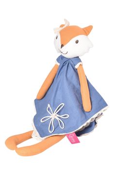 an orange and white stuffed animal wearing a blue dress