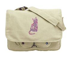 "Beautifully detailed blooms create the silhouette of a sleek cat in this machine embroidery design. Cat design embroidered on a canvas messenger bag. Vintage Canvas Messenger Bag offers classic styling and functionality and features 3 inner compartments great for storage of books or gear, 1 outer compartment w/ snaps and a fully adjustable shoulder strap. Size: One Size 15\"W x 11\"H x 4\"D. Design Size 3.62\"(w) x 6.85\"(h) Strap is approx 40\" from end to end when fully extended Colors of thr Hogwarts Bag, Painterly Style, Desert Scene, Embroidered Canvas, Cat Bag, Canvas Messenger Bag, Fox Design, Embroidered Bag, Fashion Designs