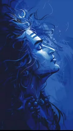 a painting of a woman's face with her hair blowing in the wind and water