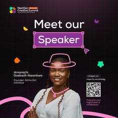 a woman wearing a pink hat with the words meet our speaker above her head