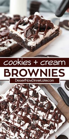 cookies and cream brownies with chocolate drizzled on top, sitting on a cutting board