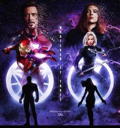 the avengers movie poster with iron man, captain america and woman in front of them