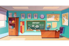 an animated classroom with blue walls and pictures on the wall, including a chalkboard