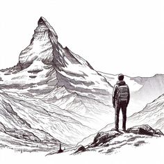 a man standing on top of a snow covered mountain looking at a tall snowy peak