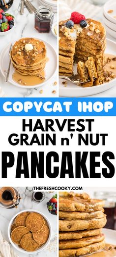 collage of pancakes with text overlay that reads copycat hop harvest grain n nut pancakes