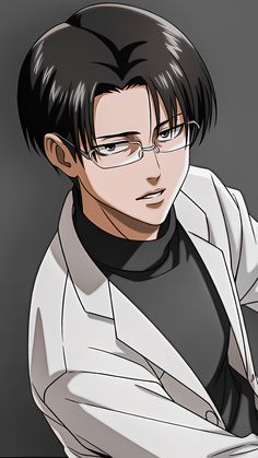 an anime character wearing glasses and a white jacket with his arms crossed, looking to the side