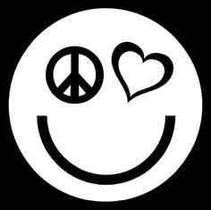 a peace sign with two hearts in the middle on a black and white circle background