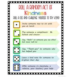 roll a random act of kindness poster with four dices on it and the words roll a random act of kindness