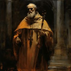 a painting of a man with a long white beard wearing a yellow robe and holding a cross