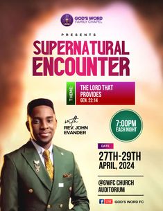 a man in a suit and tie standing next to a poster for an event with the words supernatural encounter