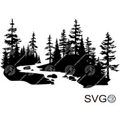 the svg forest scene is shown in black and white, with pine trees on both sides