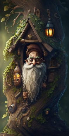 a painting of a gnome in a tree house